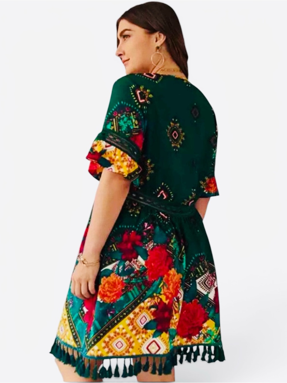 Floral Tassel Hem Green V-Neck Dress - Picture 5 of 11
